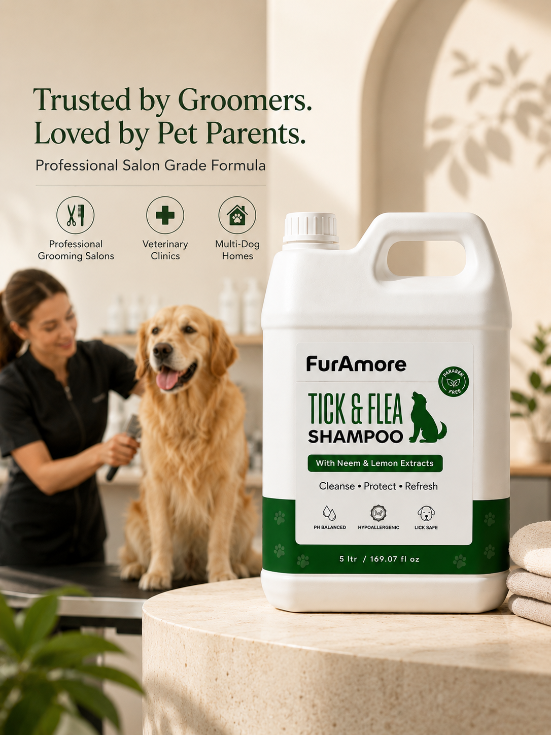 FurAmore bulk 5L neem and lemon anti-tick dog shampoo for vet clinics and groomers