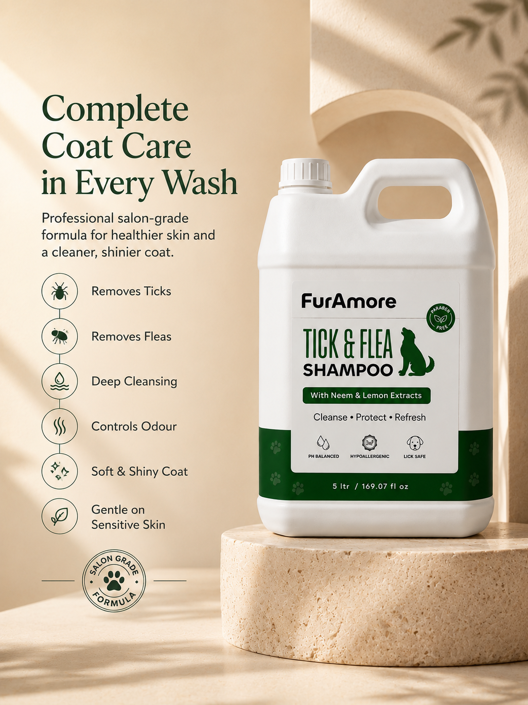 FurAmore 5L neem lemon dog shampoo — natural tick and flea protection for salons