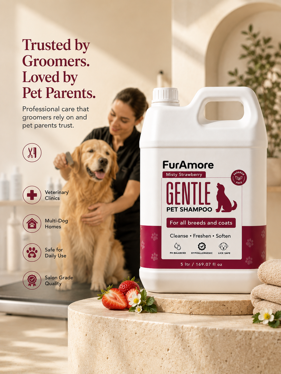 FurAmore bulk 5L smooth dog shampoo for salons, vet clinics and pet hotels