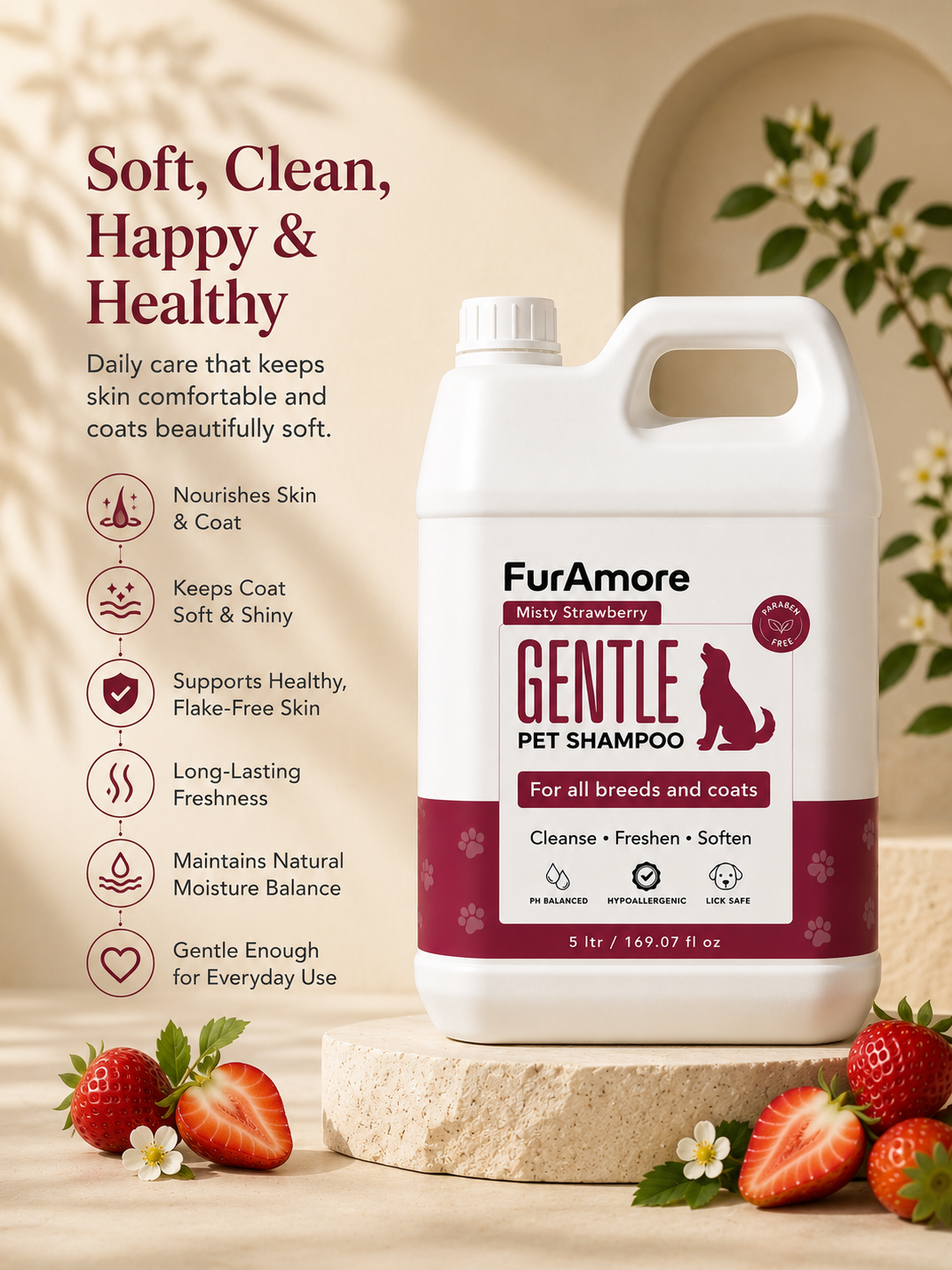 FurAmore 5L smooth coat dog shampoo — gentle daily-use formula for all breeds