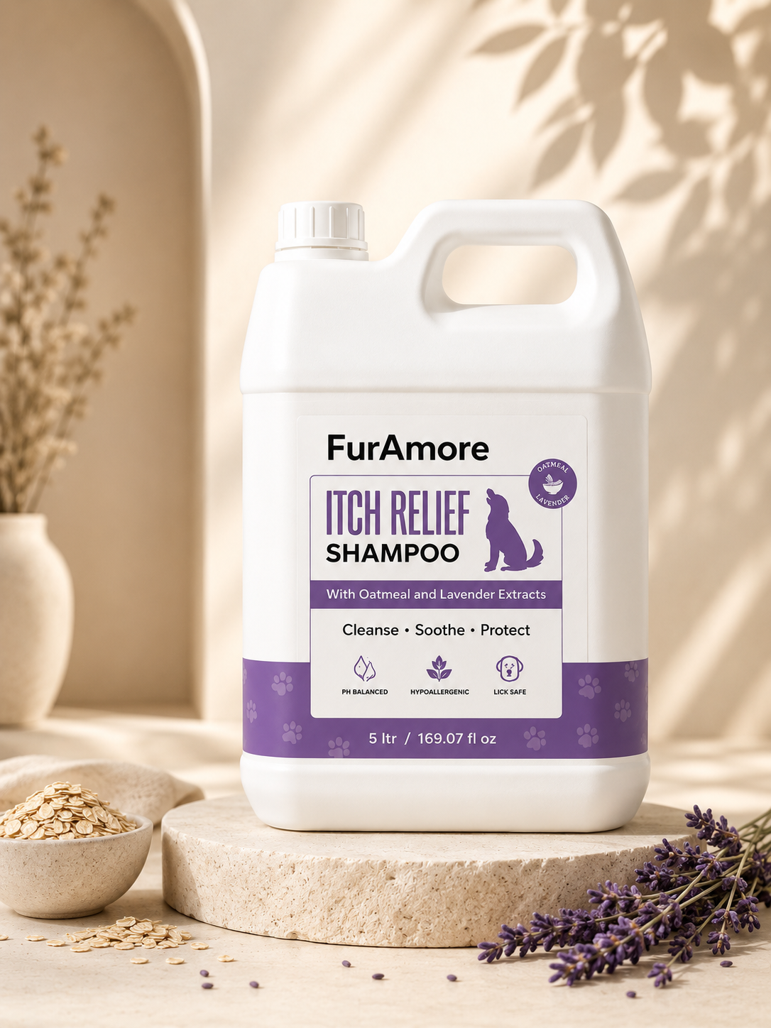FurAmore professional oatmeal and lavender dog shampoo 5L for itchy sensitive skin — salon bulk, India