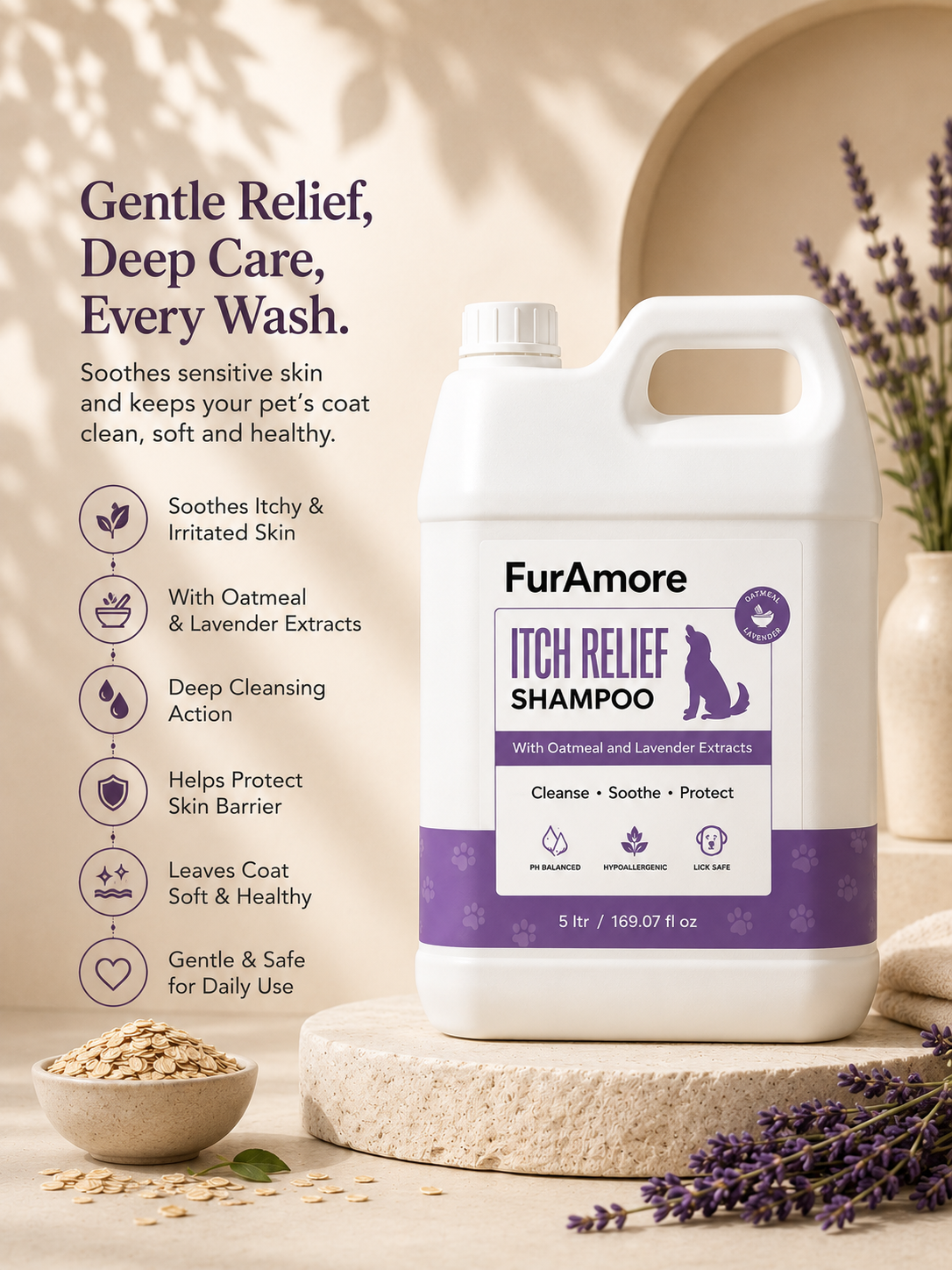 FurAmore 5L oatmeal dog shampoo — soothes itchy, dry skin for grooming salons and clinics