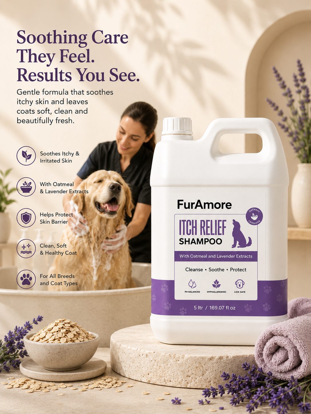 Professional oatmeal lavender dog shampoo 5L — hypoallergenic, pH-balanced bulk size, India