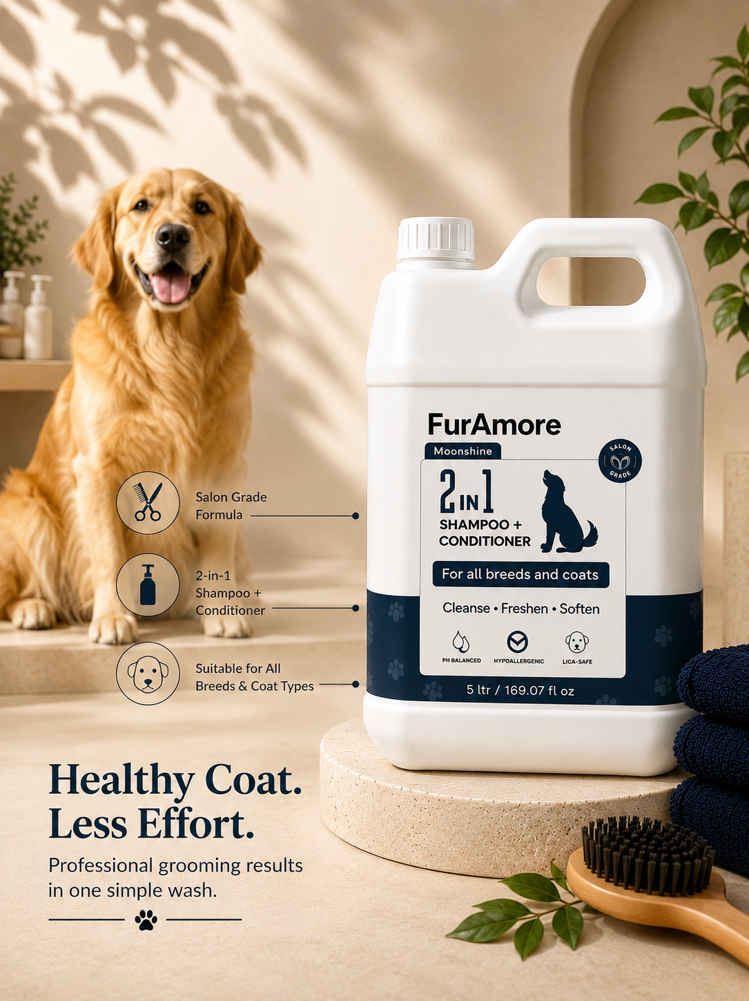 FurAmore bulk 5L 2-in-1 conditioning dog shampoo — pH-balanced, paraben-free