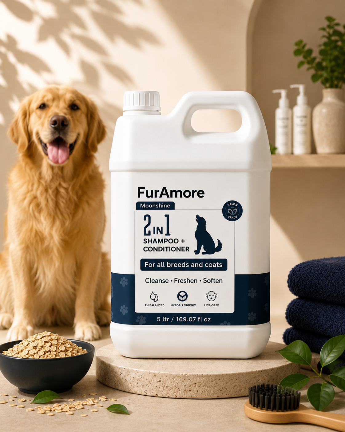 FurAmore professional 2-in-1 conditioning dog shampoo 5L — grooming salon bulk size, India