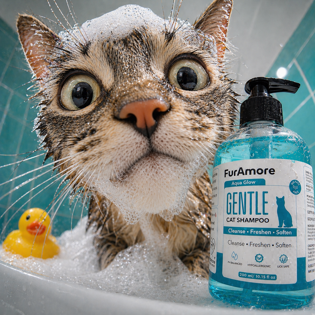 FurAmore Aqua Fresh gentle cat shampoo 300ml bottle — formulated for cat skin pH, hypoallergenic, India