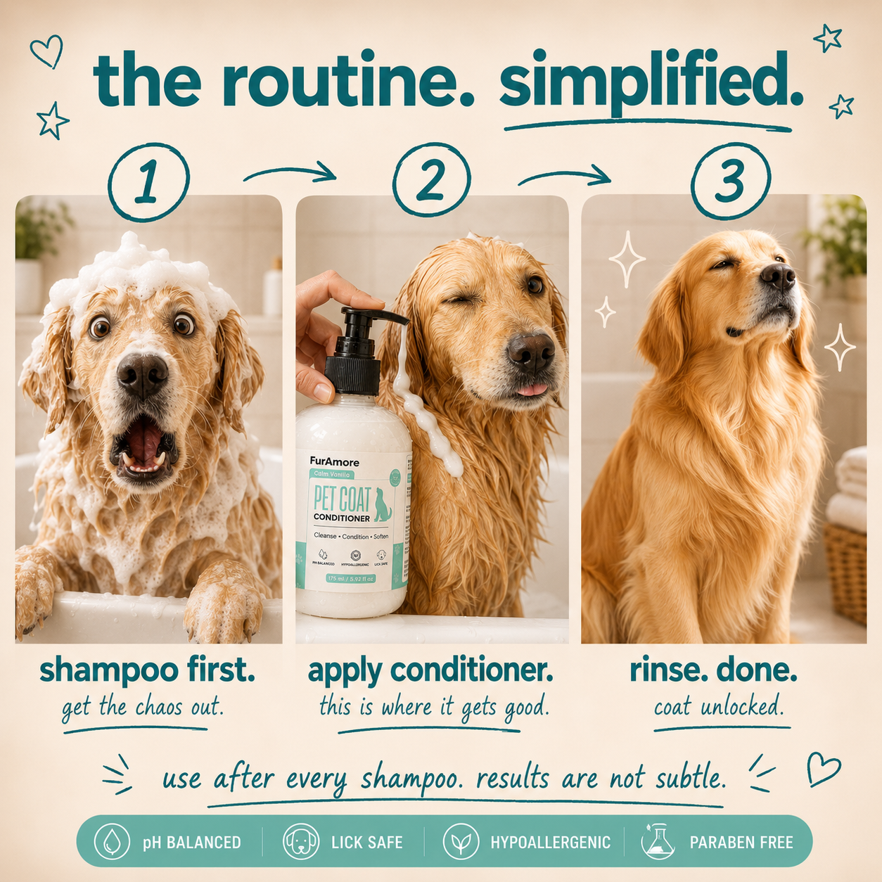 How to use FurAmore Calm Vanilla pet coat conditioner after shampoo 3 steps