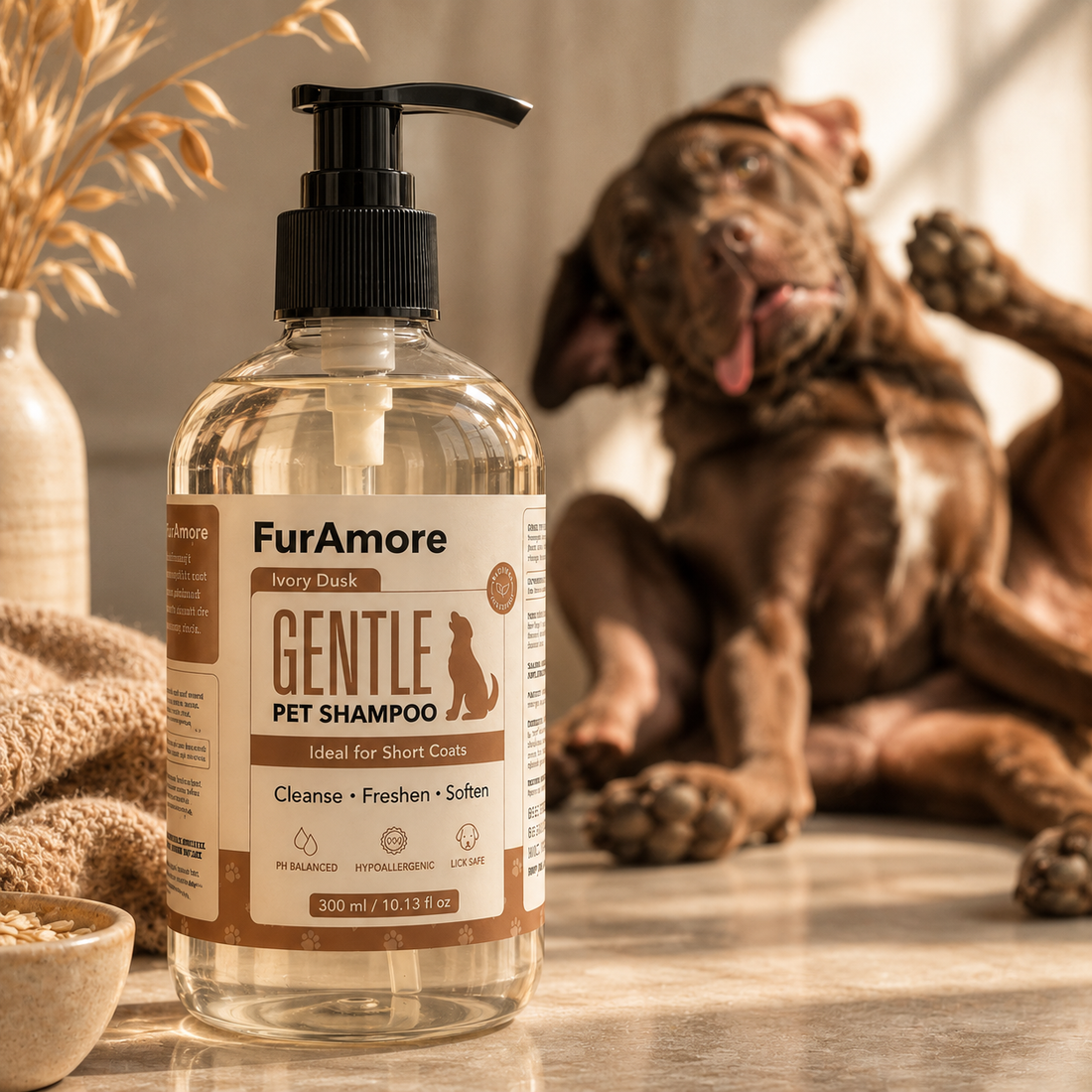 FurAmore Ivory Dusk short coat dog shampoo 300ml — made for Labradors, Beagles, Pugs and Boxers, India
