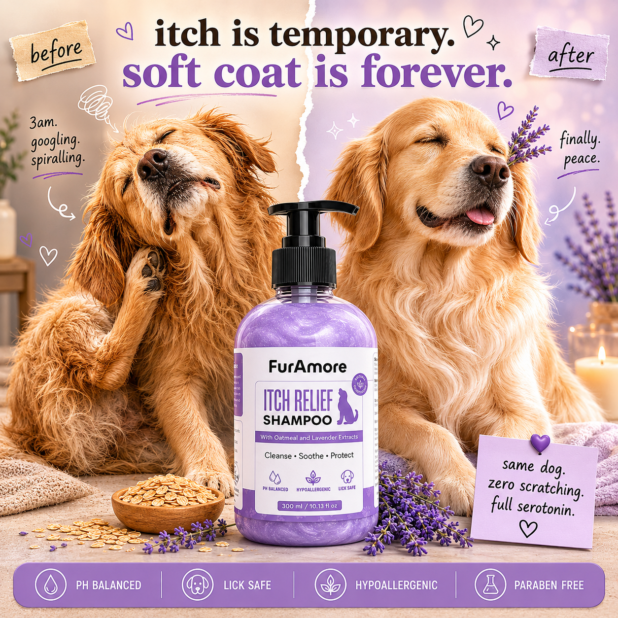 FurAmore oatmeal dog shampoo for itchy dry sensitive dog skin paw lavender 300ml