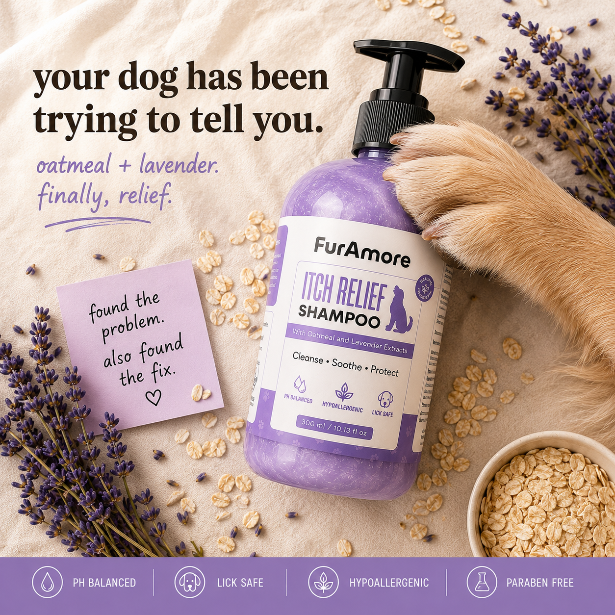 FurAmore oatmeal dog shampoo post bath golden retriever soft life lavender 300ml