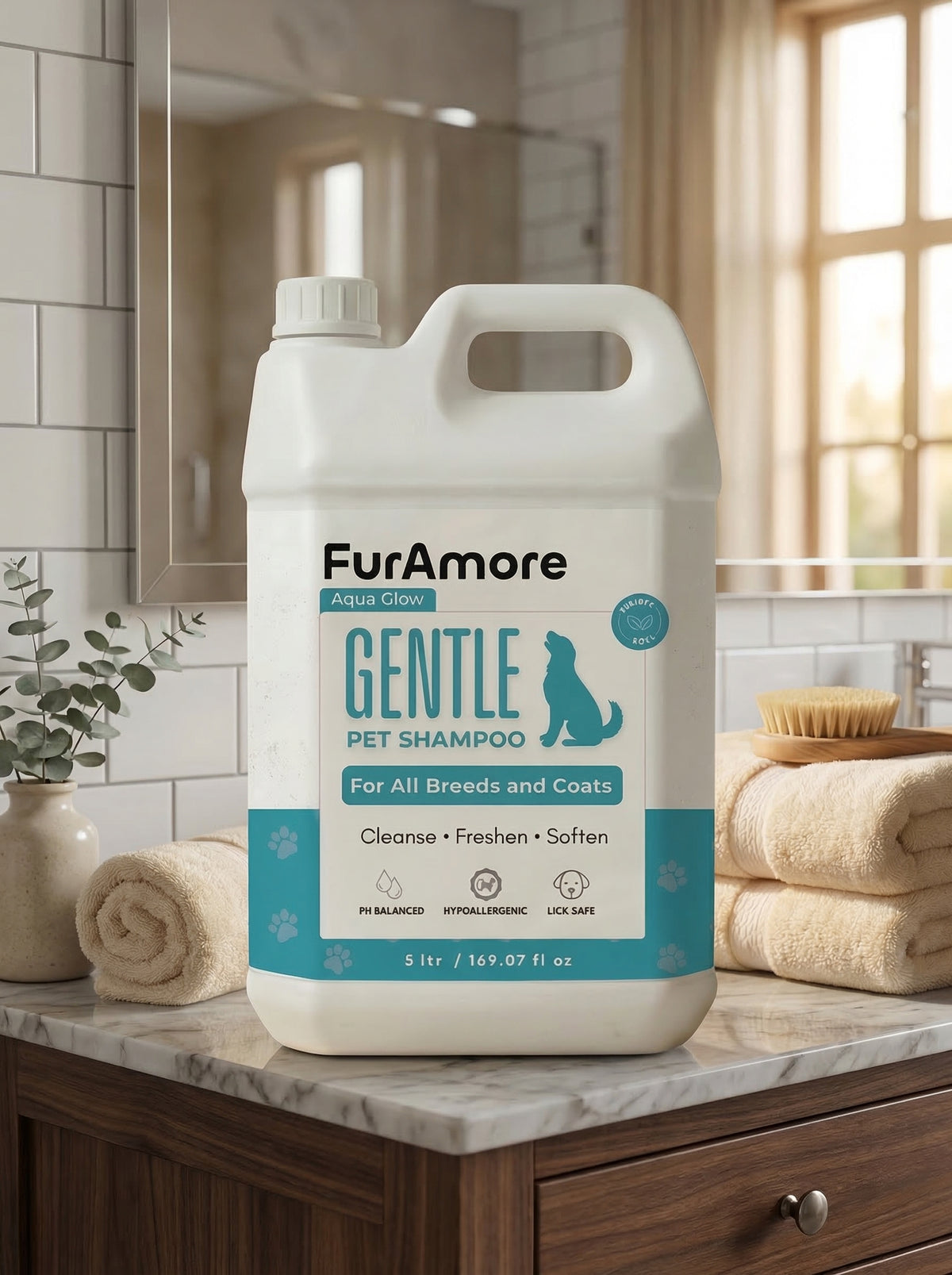 FurAmore professional Aqua Fresh gentle dog shampoo 5L bulk bottle for grooming salons — paraben-free, India