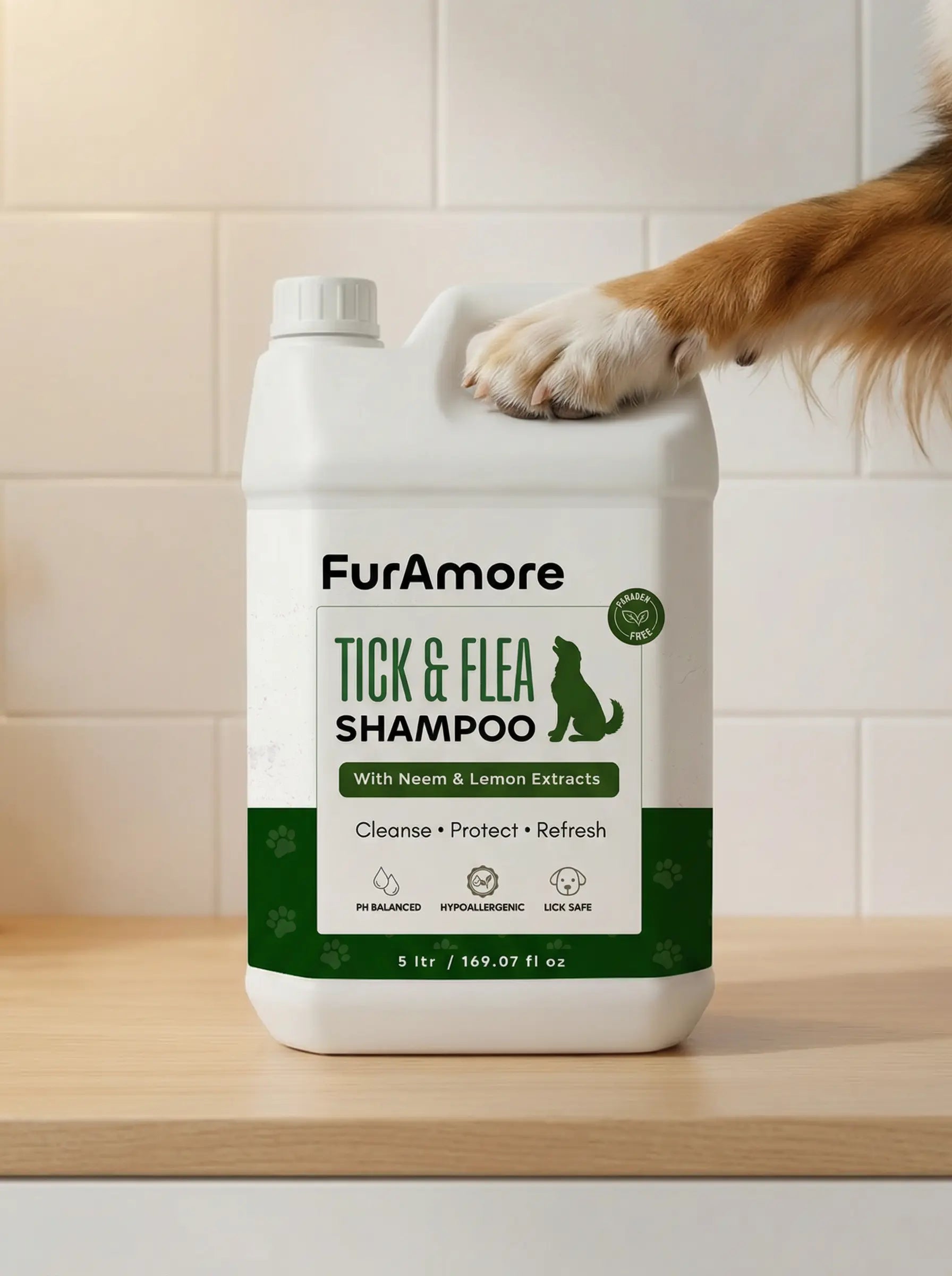 FurAmore professional neem and lemon anti-tick dog shampoo 5L bulk bottle for grooming salons, India
