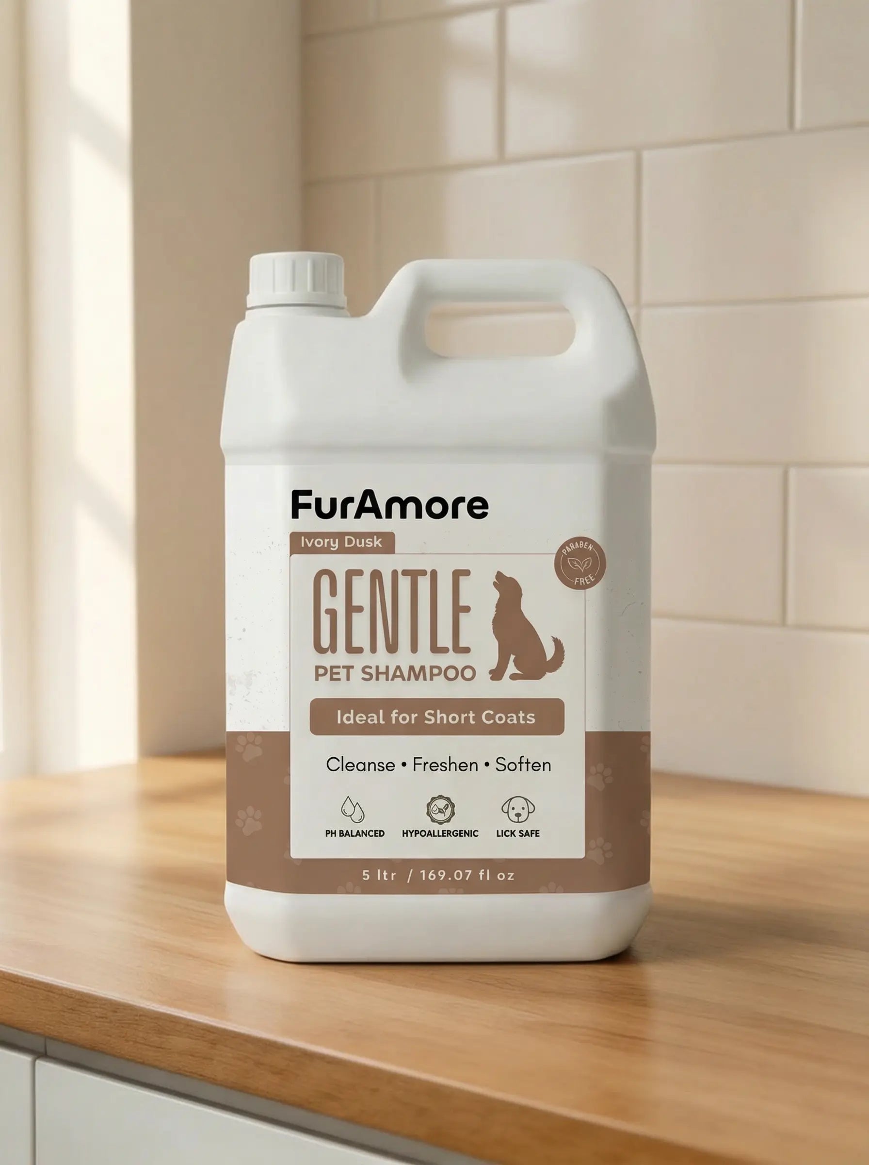 FurAmore professional short coat dog shampoo 5L bulk bottle for grooming salons — pH-balanced, India