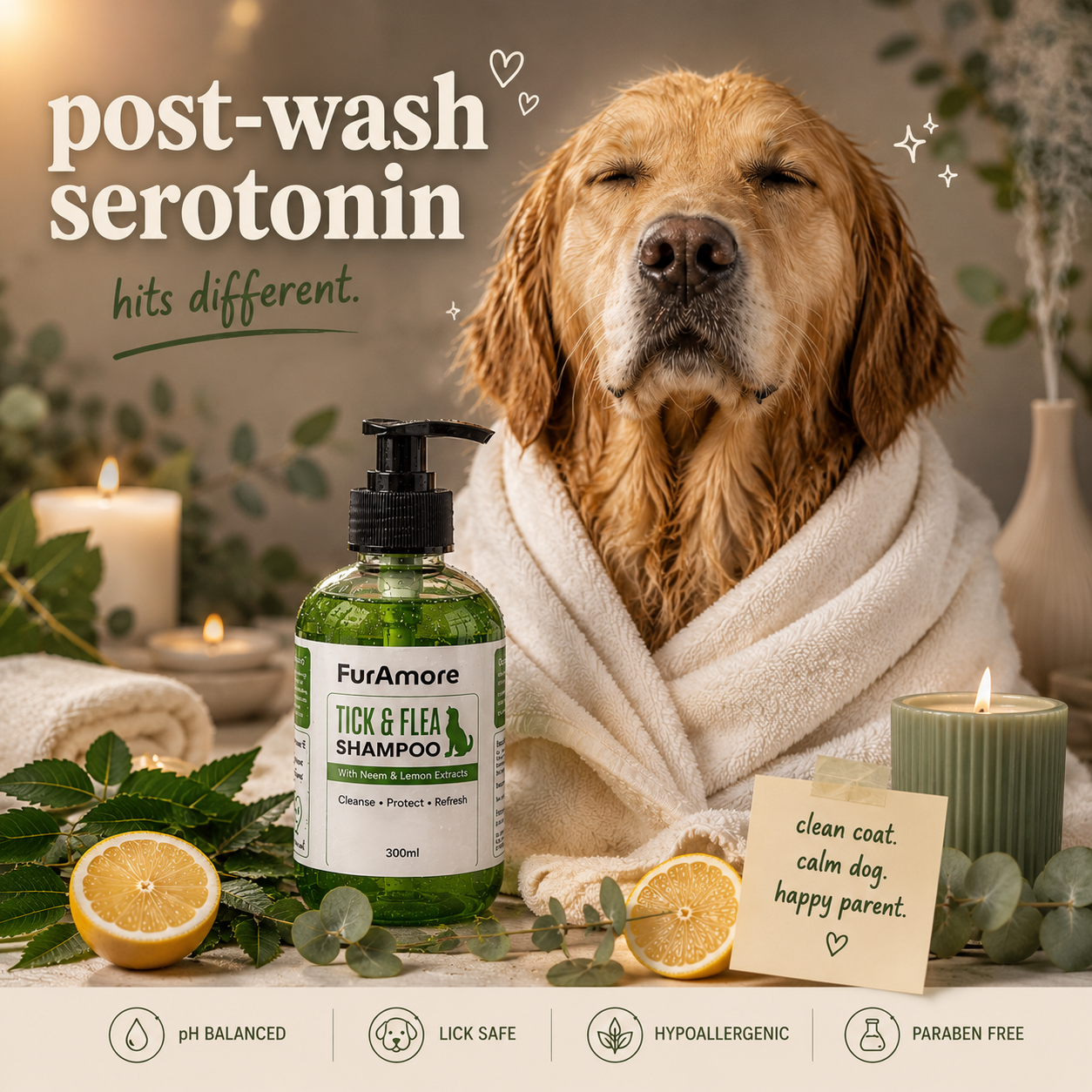 FurAmore anti-tick dog shampoo post wash golden retriever spa soft life 300ml